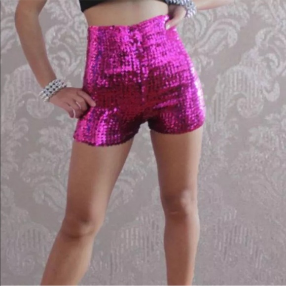 Pink metallic glitter Sequin high waisted shorts - Picture 2 of 3